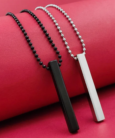 Stylish Silver- Black 3D Vertical Bar Cuboid Stick Locket Pendant Necklace Silver, Rhodium Alloy Locket Set